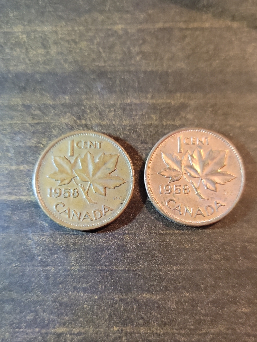Vintage 1958 Canadian One Cent Coin Pair - Brown Copper Tone
